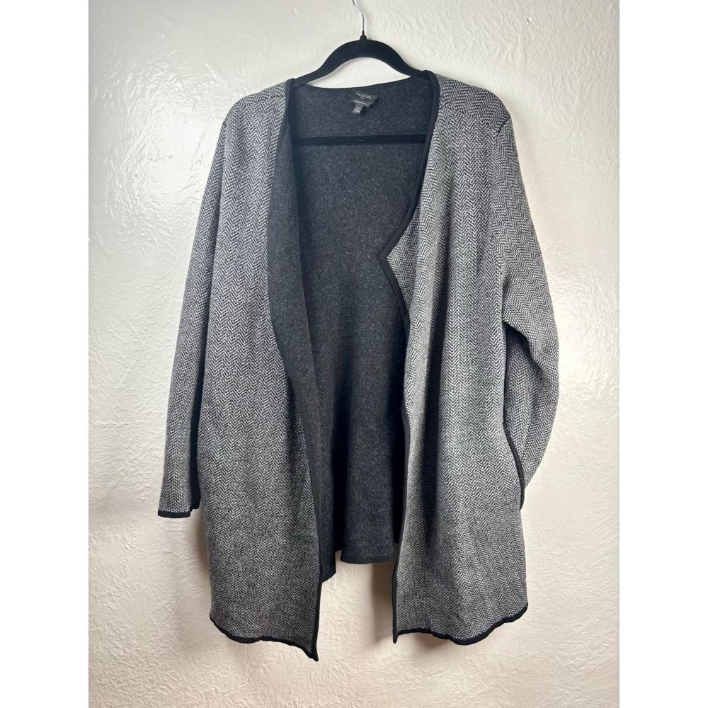 Talbots Herringbone Cardigan 2X Gray Merino Wool Open Front Sweater Luxury